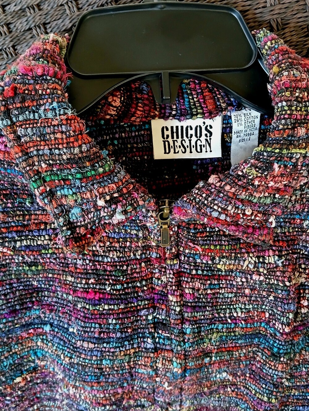 VTG Chico's Silk Cotton Blend Jacket Coat Corded Texture Multicolor Sz M (1)